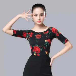 라틴댄스복 여성 공연 살사 밸리 사교 댄스복 라인 댄스 상의 로즈