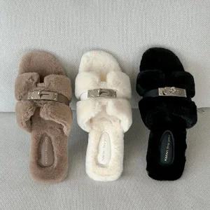 퍼트리밍 페미닌 H스트랩 실버장식 털 슬리퍼 2cm