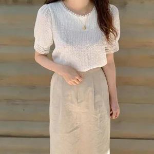 [신상오픈런]|CHH41A4|여성 러블리 볼륨 패턴 엠보싱 펀칭 반팔 티셔츠