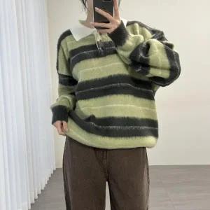 [다잇템] 여자 줄무늬 모헤어 박시핏 FW 카라티 브러쉬 니트