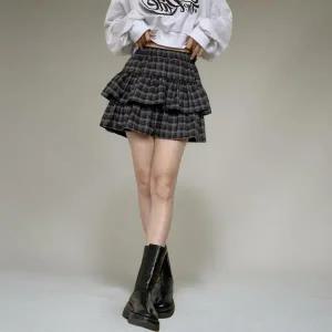 |CMK1752|여성 체크 패턴 캉캉 미니 스커트 배색 밴딩