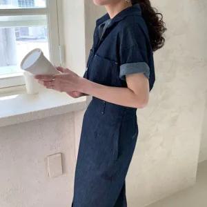 [하프클럽/]여자 반소매 진 롱 고무줄 주머니 남방 세트