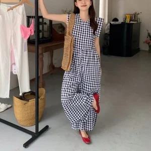 체크 라운드넥 와이드 팬츠 점프슈트 (WE66E60)