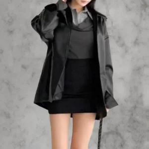 여성 힙무드 광택 가죽 오버핏 카라넥 자켓