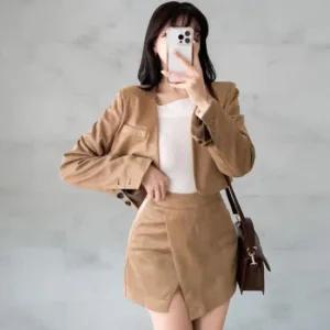 여성 스웨이드 크롭 재킷 랩 미니스커트 세트