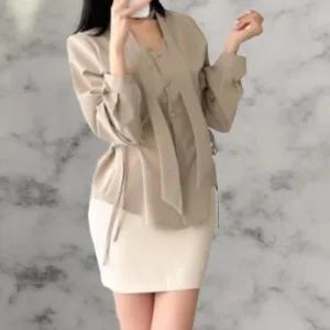 여성 클래식 사이드리본 여리핏 타이넥 셔츠