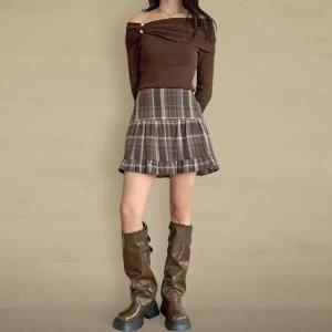 아트박스/신상오픈런 여성 체크 프릴 캉캉 미니 스커트 핀턱 디자인