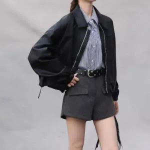 아트박스/신상오픈런 여성 루즈핏 스트링 블루종 가죽 자켓 카라넥