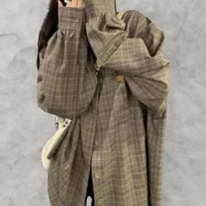 [옷자락]여성 캐주얼 브라운 체크 루즈핏 셔츠