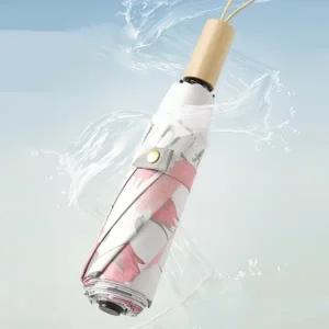 내구성 좋은 우드 손잡이 양산 3단 접이식 로즈 우산