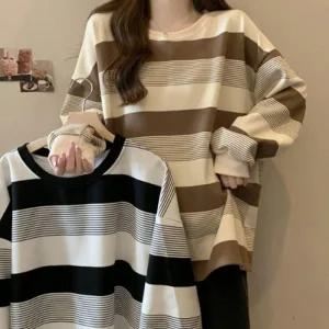 여성 맨투맨 긴팔 단가라 티셔츠 루즈핏 스트라이프 패턴