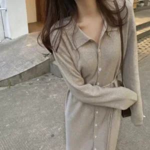 허리끈 롱원피스 단추 가을 카라 루즈핏 원피스 니트