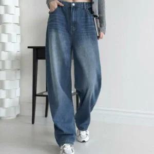 여성용 캐주얼 뒷밴딩 와이드 배기 데님팬츠
