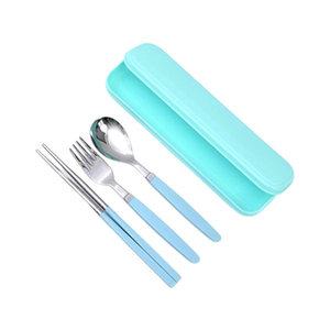 파스텔 휴대용 도시락수저케이스, 파랑 + 픽미 아동 숟가락 + 젓가락 + 포크, 파랑