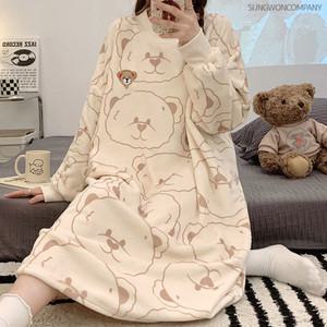  이너퀸 프리수 여성 라운드 수면 밍크 극세사 원피스 잠옷 곰돌이수면원피스