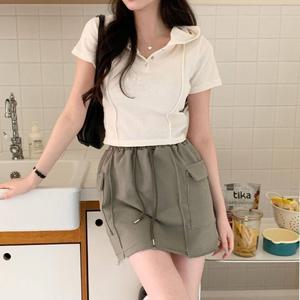 |KMT9187|여성 후드 세미 크롭 반팔 티셔츠 슬릿 디자인