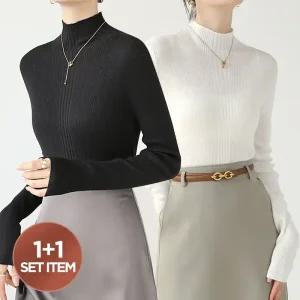 [티뷰] [1+1] 심플슬림핏골지반목니트_V5C-CKN016SET2
