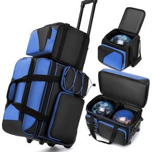 바퀴가 달린 볼 볼링백 3개, 신발장과 접이식 손잡이가 달린 볼리그 롤러백 3개, 볼볼링 롤러백 2개 토트에 볼 컬러 매칭 1개 추가 블루블랙