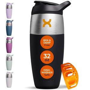 32온스 스테인리스 스틸 프로틴 셰이커 병 - 부드럽고 뭉치지 않는 쉐이크를 위한 스냅 핏 교반기가 포함된 누수 방지 금속 컵 BPA 프리, 냄새 방지, 청소하기 쉽습니다