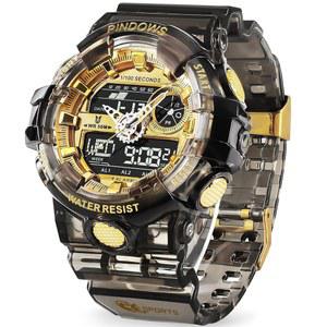 남성용 PINIDUS 남성용 시계 디지털 스포츠 시계 투명 골드 시계 3종 알람 카운트다운 스톱워치 디지털 아날로그 듀얼 타임 라이트 밀리터리 다기능 손목시계