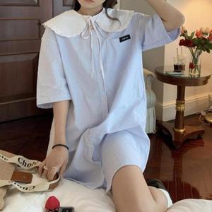 [M7] 여자 라운드 반소매 단가라 카라 파란색 원피스