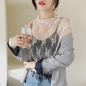 여성 시스루 티셔츠 여름 블라우스 커버업 망사 이너 하이넥 레이어드