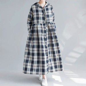 체크 후드 셔츠형 간절기 봄/가을 여성 롱 원피스