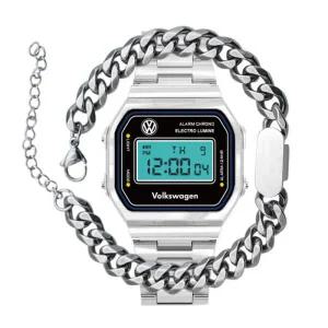 /폭스바겐 [폭스바겐] 레트로 디지털 시계 + 티타늄 팔찌 세트