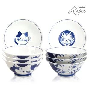 헨느 도라 미케 야옹이 면기 4P / 도자기 면기 고양이 그릇