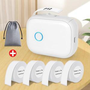 무선 블루투스 열 라벨 프린터, 휴대용 자체 접착 스티커 포켓 미니 메이커, 연속 테이프 포함, P12