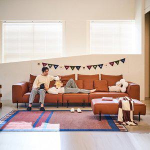 [다우닝]포네 4인 와이드 모듈 전체 내추럴가죽 소파+스툴