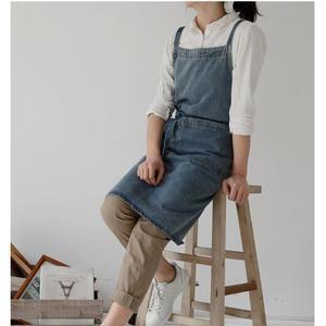 데님원단의 편한 캐주얼 앞치마 어린이집 카페 공방 유치원 X형디자인 허리끈조절