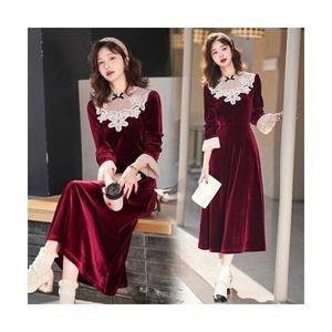 여자 레이스 원피스 봄가을 벨벳 패치 허리조임 프렌치 롱 스커트 원픽1