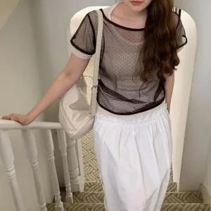 /옷자락 여자 도트 망사 레이어드 반팔티