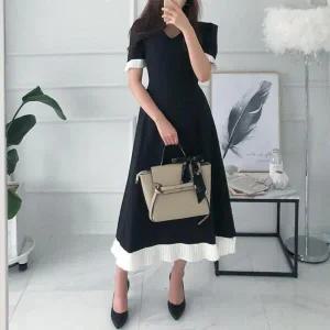 /옷자락 여자 하객룩 단아한 플리츠 블랙 롱원피스