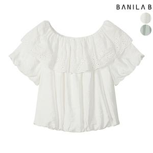 여성 펀칭카라 밴딩넥 반팔 블라우스