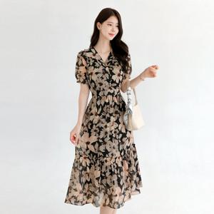 [시크라인] (~XXL까지) 코미 프릴 와이드 플랫카라 플로럴 쉬폰 원피스 여름 리조트룩 휴양지 나들이 데이트 빅사이즈