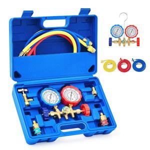 오리온 모터 테크 3방향 AC 진단 매니폴드 게이지 세트, 3FT 호스, 탱크 어댑터, 퀵 커플러 및 캔 탭으로 R134A R12 R22 R502 냉매에 적합