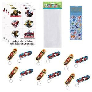 유니크 트랜스포머 생일 파티 용품 번들 팩에는 스케이트보드 열쇠고리 12개, 24개, 투명 첼로 가방 25개, 공룡 스티커 시트 1개가 포함되어