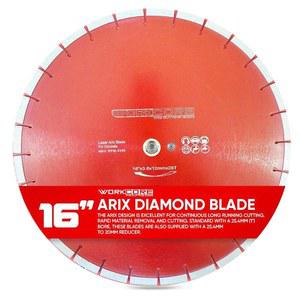 WorkCore 16인치 프리미엄 Arix 다이아몬드 콘크리트 블레이드 경질 철근 콘크리트 아스팔트 화강암 타일 석조 벽돌 블록 습식 또는 건식 뒤로 걷기 및 휴대용