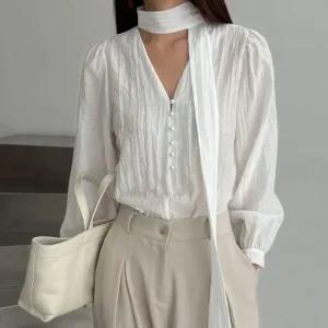 알리티 레이온 타이 셔링 블라우스_F4185