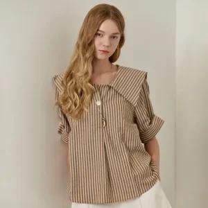 [MAXZA] 시어서커 스트라이프 세일러 카라 블라우스(화이트,브라운)