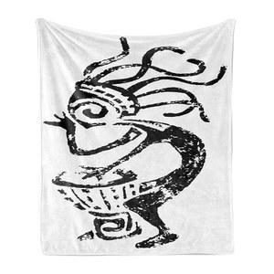 앰베손 에스닉 스로우 블랭킷, 그룬지 스타일 동굴 모티프 룩 단색 캐릭터가 다르부카 프린트, 플란넬 플리스 액센트 피스 소프트 소파 커버, 60인치 x 80인치, 차콜 그레이 및 화이트