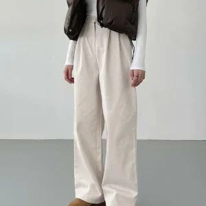 여자 기모 투핀턱와이드 가을 베이직 블랙 코튼 바지_4