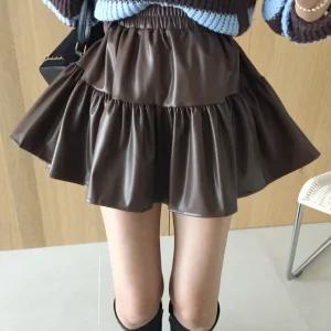 미니멀 하이웨스트 캉캉 티어드 페이크가죽 A라인 밴딩 가을미니스커트 (2color)