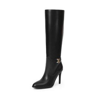 여성용 이임무 무릎 하이 부츠 4인치 스틸레토 힐 지퍼리스 소프트 인조 가죽 톨 라운드 토 16인치 샤프트