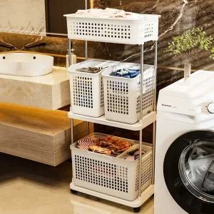 빨래바구니 선반 햄퍼 바구니 3단 패브릭 빨래 다용도 라탄 빨래통