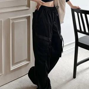 여성 투웨이 조거 카고팬츠 스트링 지퍼 와이드 바지
