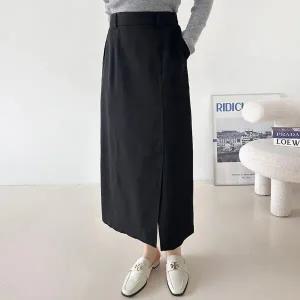 [샵앤] 여성 뒷밴딩 슬림 2줄라인 앞트임 정장 롱스커트 NYS-WSK-4955-블랙