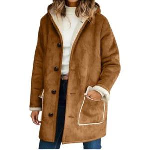 여성용 에파누스 셰르파 안감 재킷 겨울용 긴 소매 버튼 다운 인조 모피 스웨이드 코트 후드 퍼지 포켓 포함